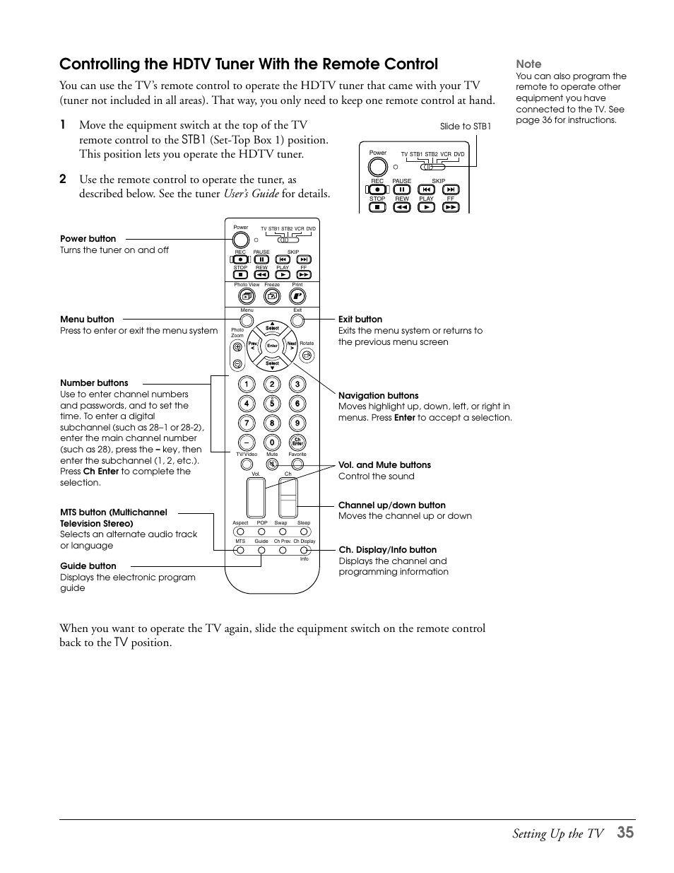 Controlling the hdtv tuner with the remote control, Setting up the tv | Epson LS47P2 User Manual | Page 35 / 136
