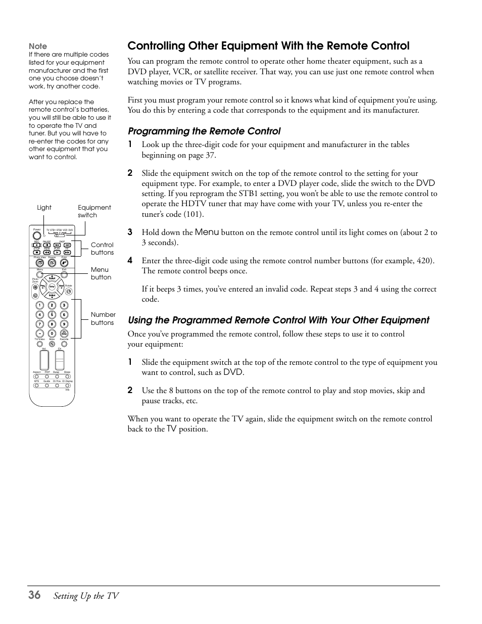 Programming the remote control, Setting up the tv | Epson LS47P2 User Manual | Page 36 / 136