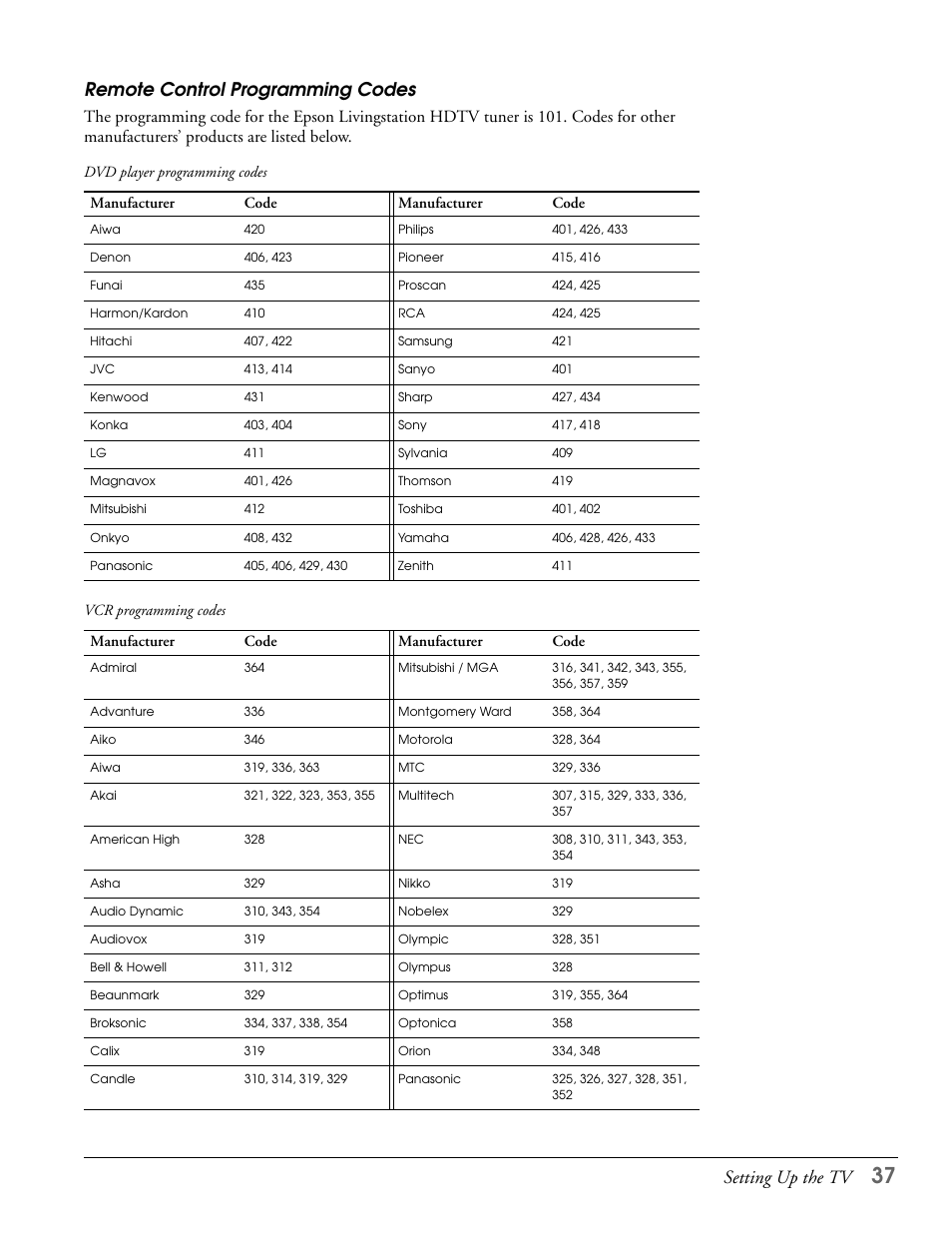Remote control programming codes, Setting up the tv | Epson LS47P2 User Manual | Page 37 / 136