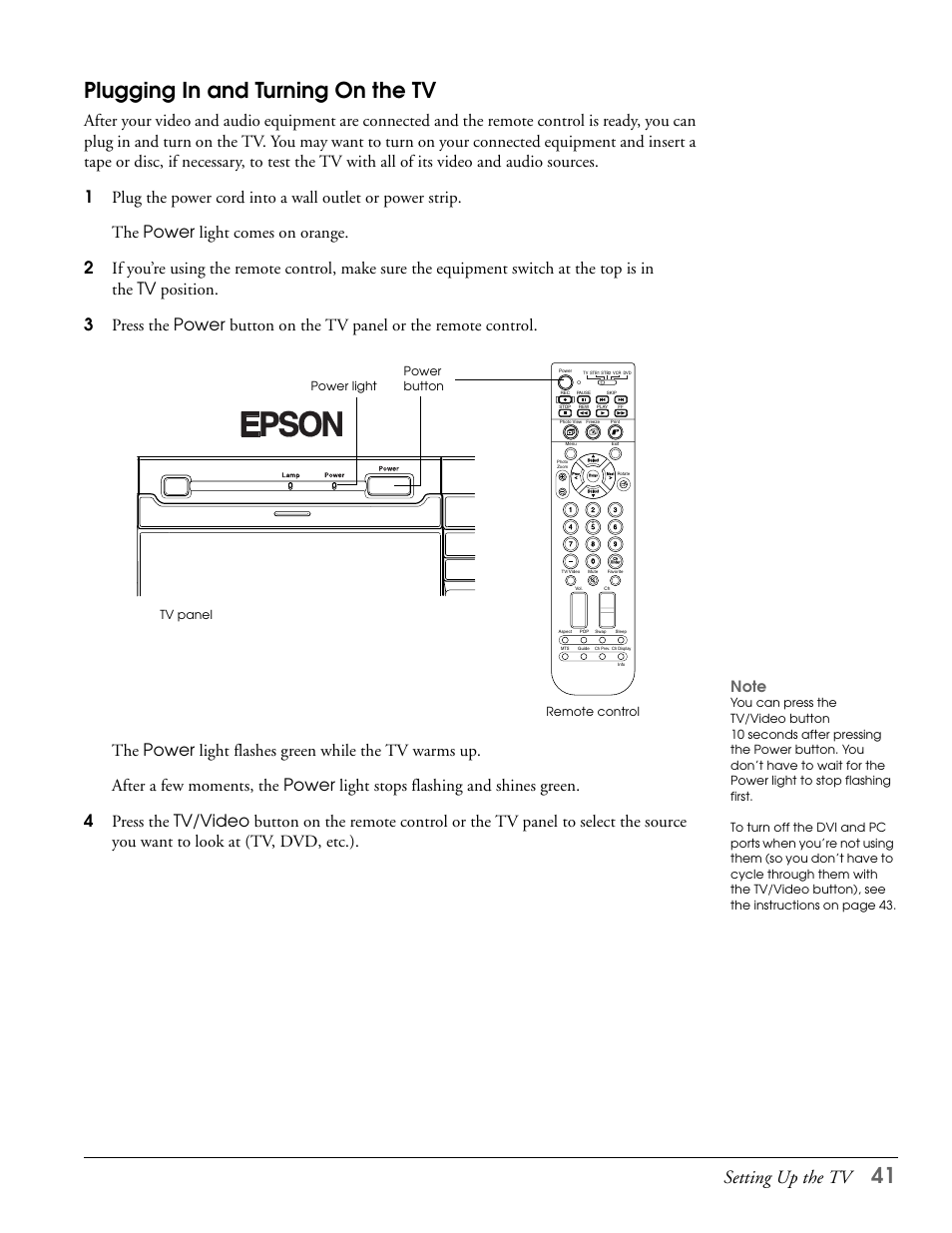 Plugging in and turning on the tv, 41 plugging in and turning on the tv, Setting up the tv | Tv panel remote control power button power light | Epson LS47P2 User Manual | Page 41 / 136