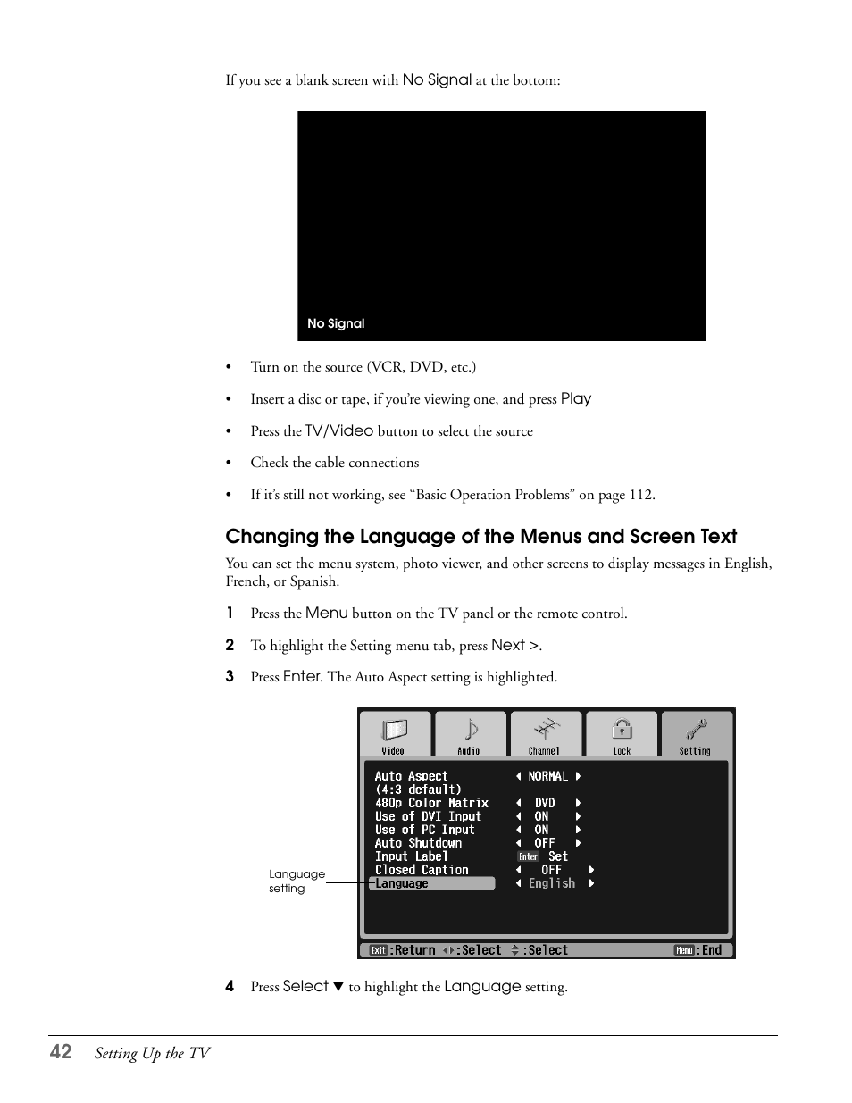 Changing the language of the menus and screen text | Epson LS47P2 User Manual | Page 42 / 136