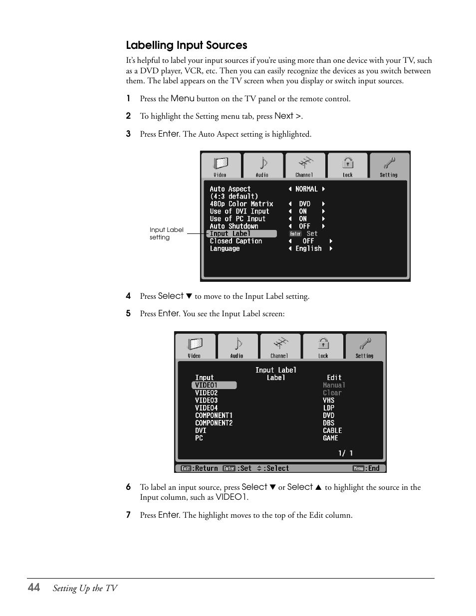 Labelling input sources | Epson LS47P2 User Manual | Page 44 / 136