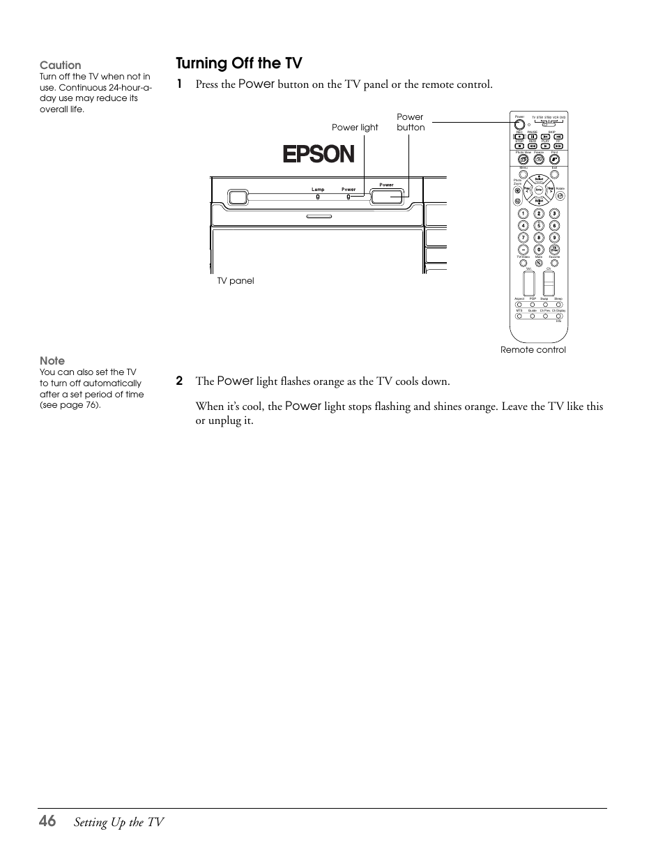 Turning off the tv, Setting up the tv, Caution | Tv panel remote control power button power light | Epson LS47P2 User Manual | Page 46 / 136