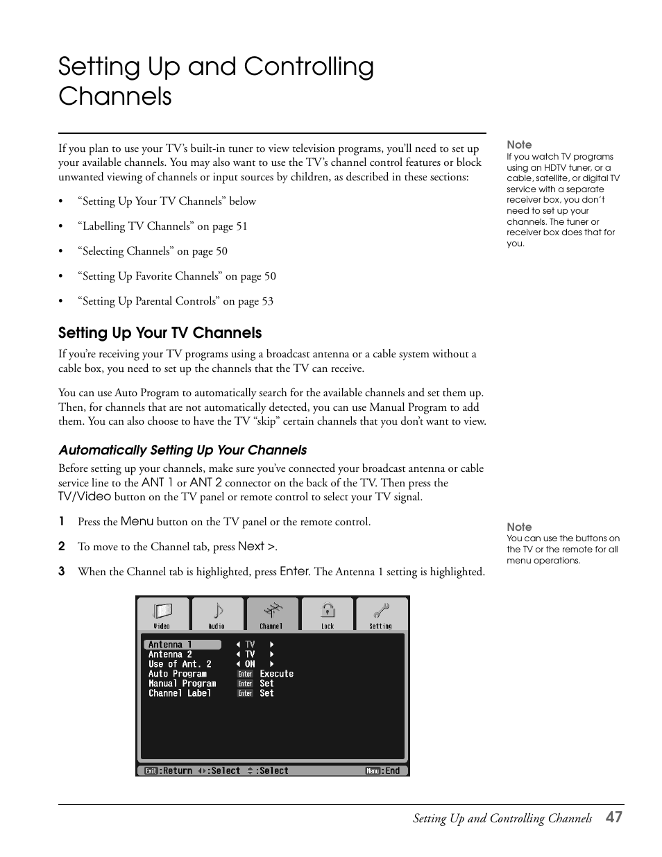 Setting up and controlling channels, Setting up your tv channels, Automatically setting up your channels | Epson LS47P2 User Manual | Page 47 / 136