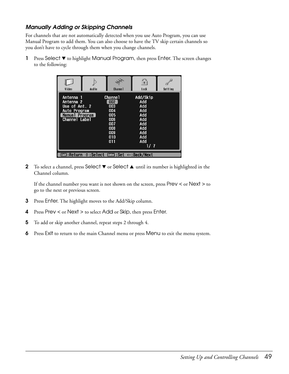 Manually adding or skipping channels | Epson LS47P2 User Manual | Page 49 / 136