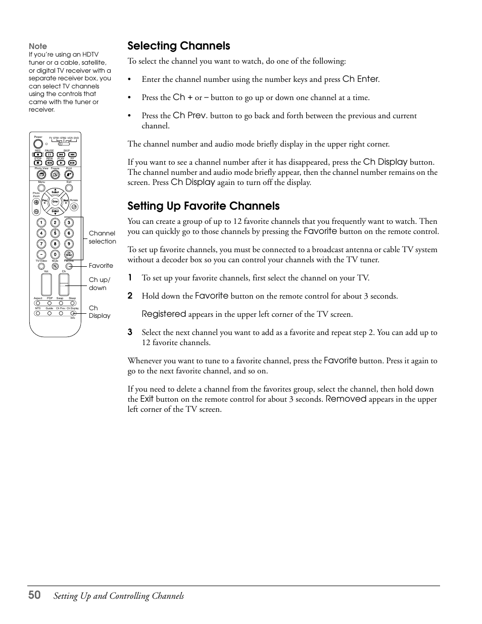 Selecting channels, Setting up favorite channels, Selecting channels setting up favorite channels | Setting up and controlling channels | Epson LS47P2 User Manual | Page 50 / 136