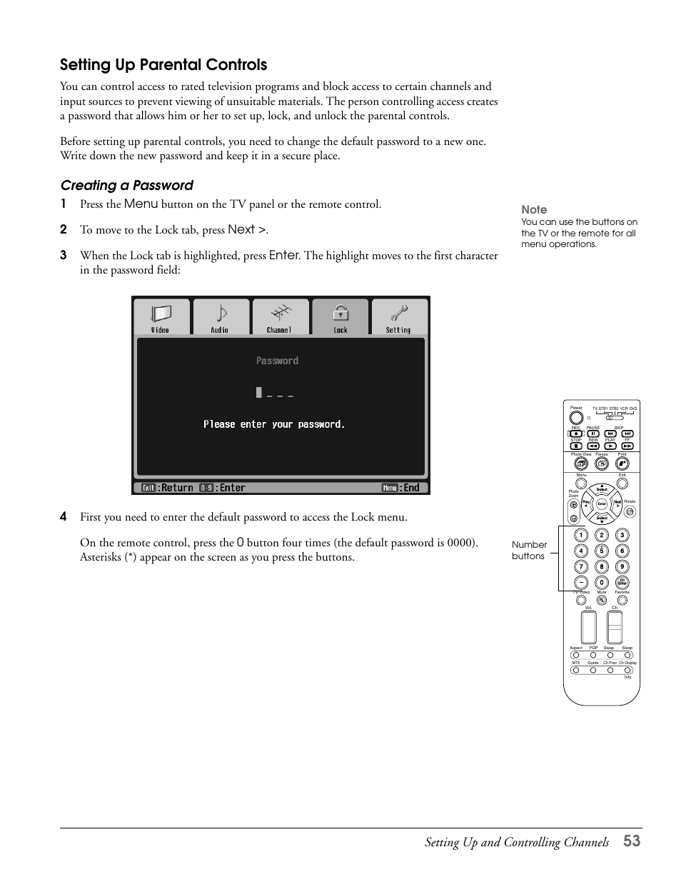 Setting up parental controls, Creating a password, 53 setting up parental controls | Setting up and controlling channels | Epson LS47P2 User Manual | Page 53 / 136