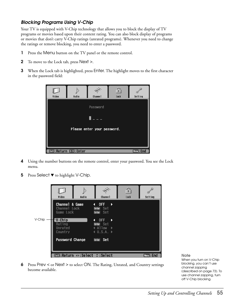 Blocking programs using v-chip | Epson LS47P2 User Manual | Page 55 / 136