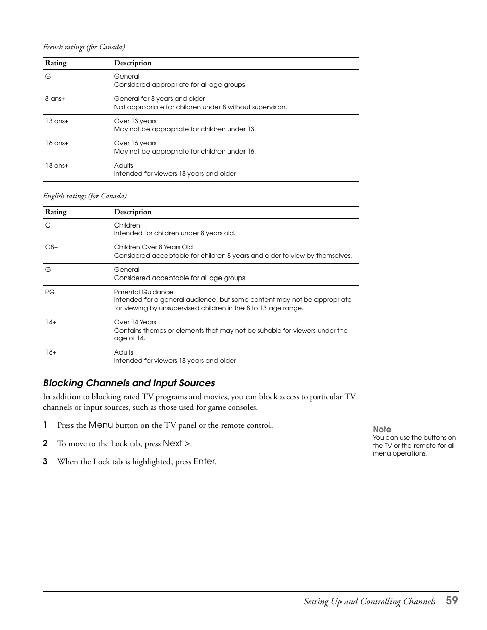 Blocking channels and input sources, Setting up and controlling channels | Epson LS47P2 User Manual | Page 59 / 136