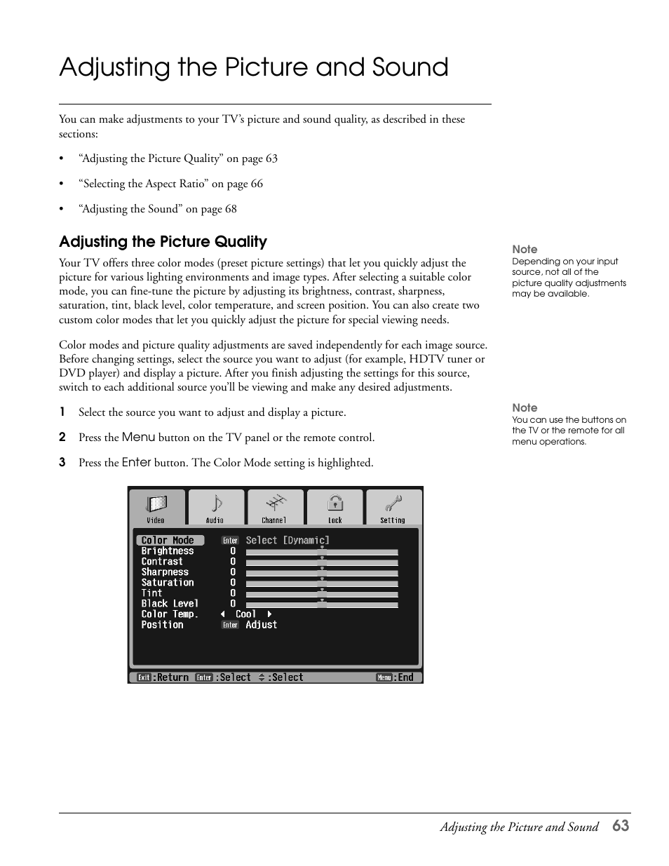 Adjusting the picture and sound, Adjusting the picture quality | Epson LS47P2 User Manual | Page 63 / 136