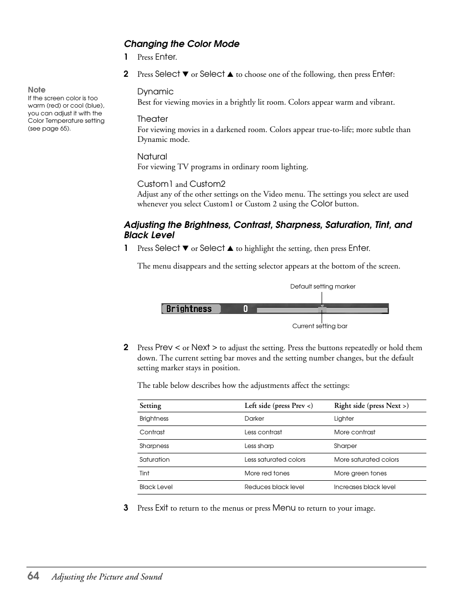 Changing the color mode, And black level | Epson LS47P2 User Manual | Page 64 / 136