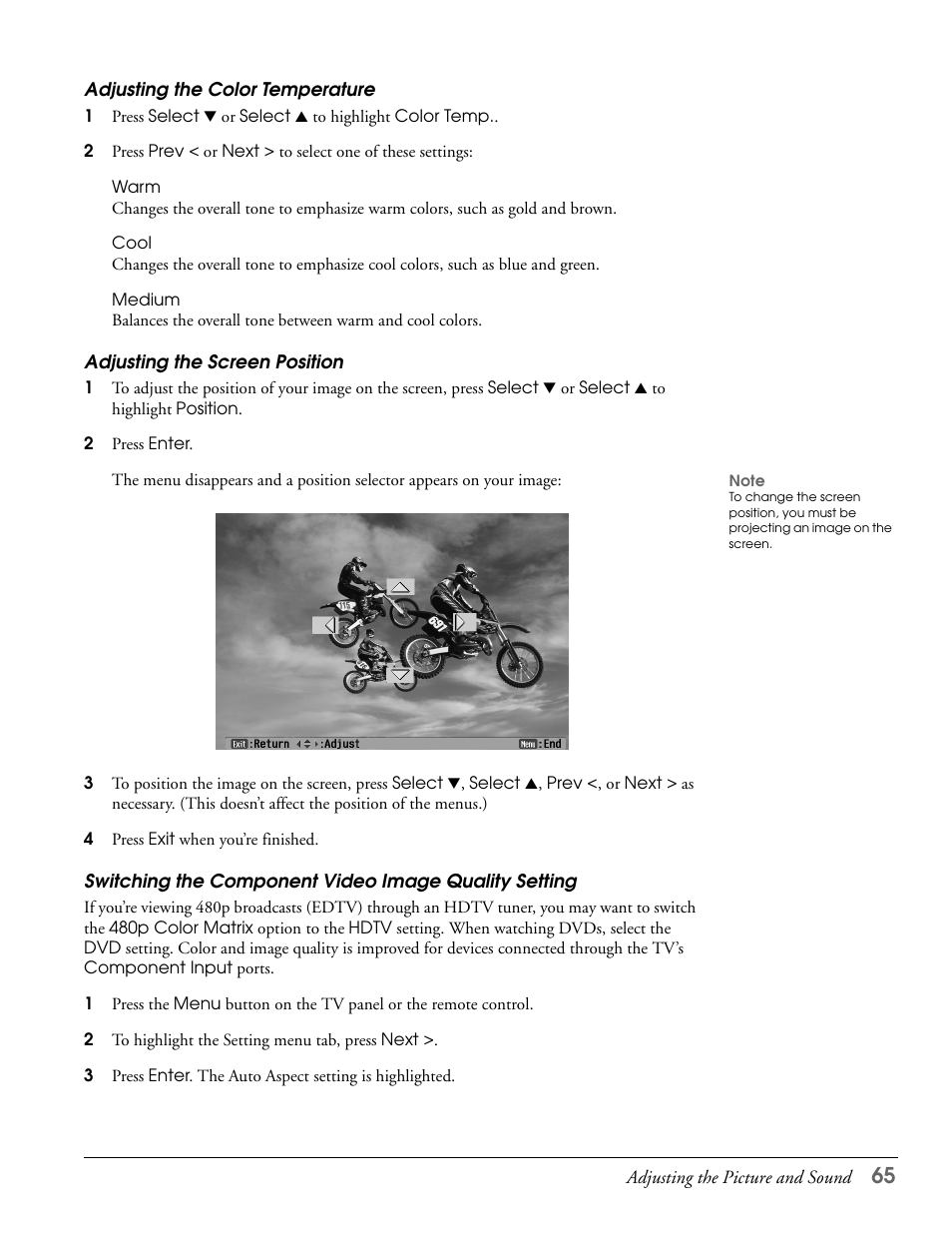 Adjusting the color temperature, Adjusting the screen position | Epson LS47P2 User Manual | Page 65 / 136