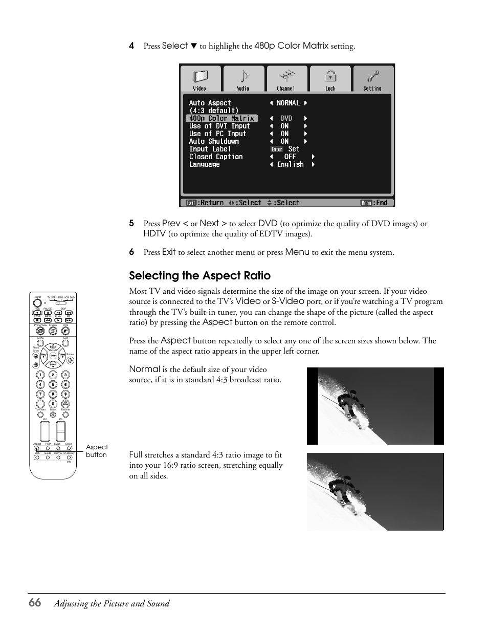 Selecting the aspect ratio, Adjusting the picture and sound, Aspect button | Epson LS47P2 User Manual | Page 66 / 136