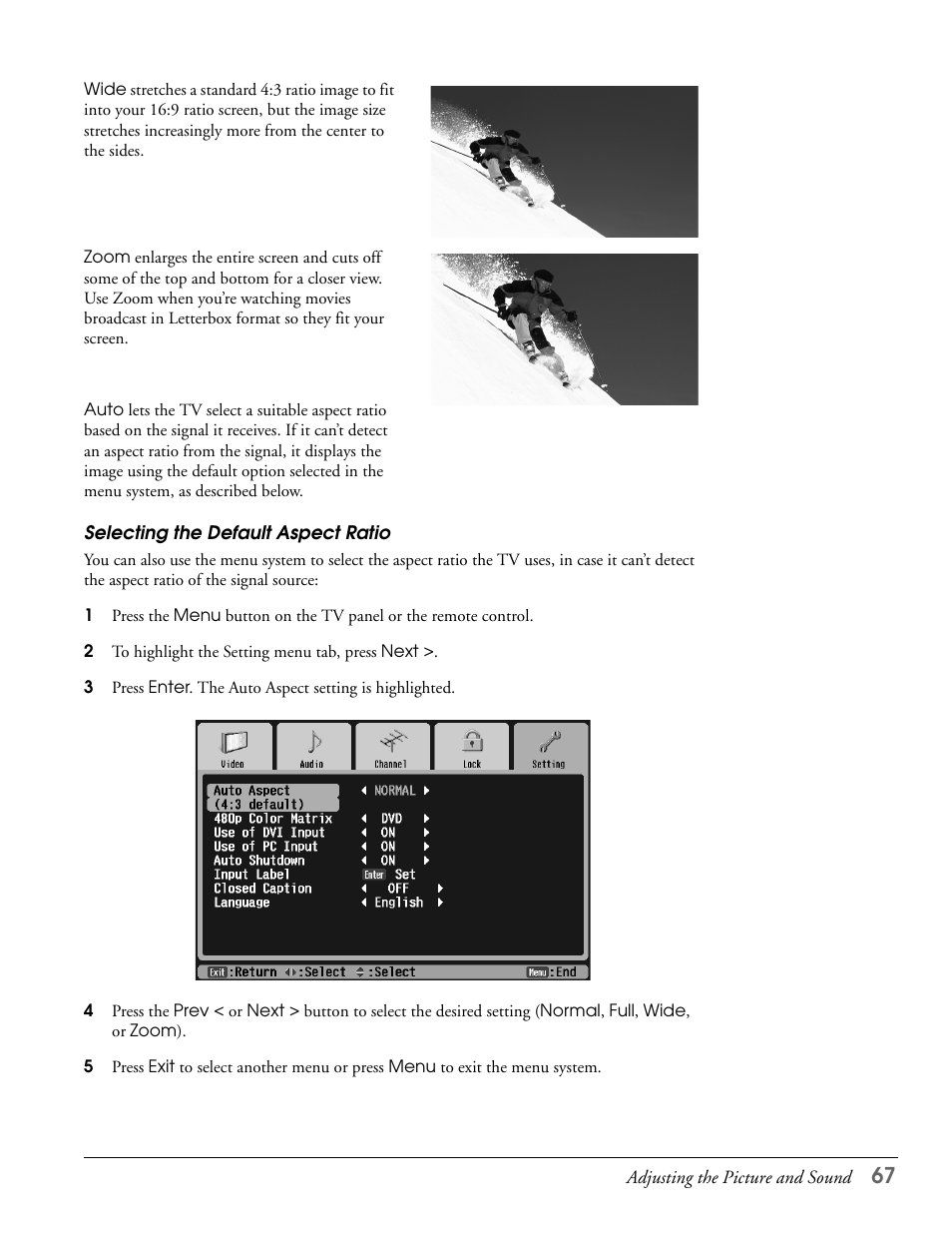 Selecting the default aspect ratio | Epson LS47P2 User Manual | Page 67 / 136