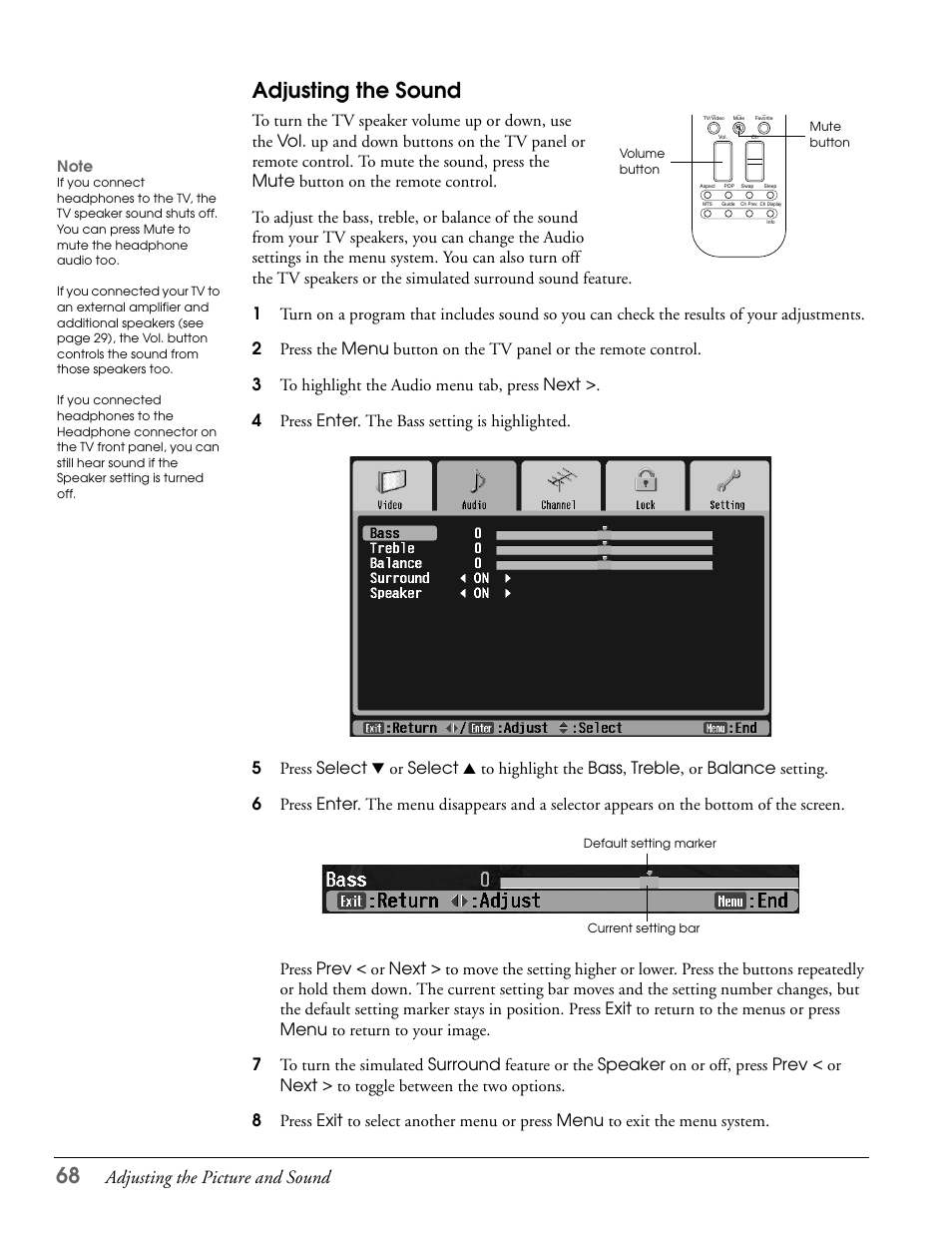 Adjusting the sound, Adjusting the picture and sound | Epson LS47P2 User Manual | Page 68 / 136