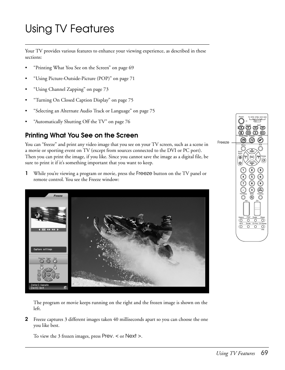 Using tv features, Printing what you see on the screen | Epson LS47P2 User Manual | Page 69 / 136