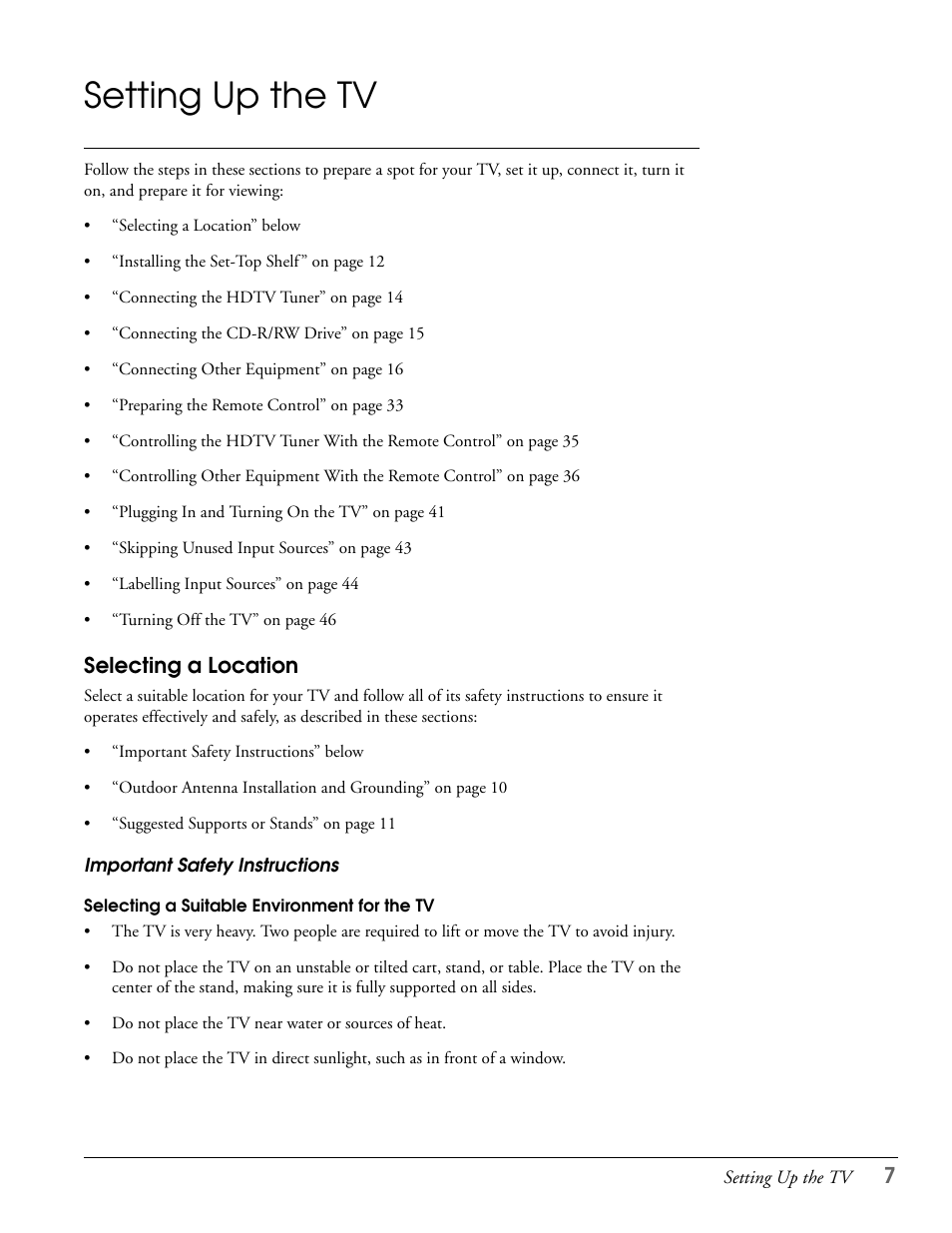 Setting up the tv, Selecting a location, Important safety instructions | Epson LS47P2 User Manual | Page 7 / 136