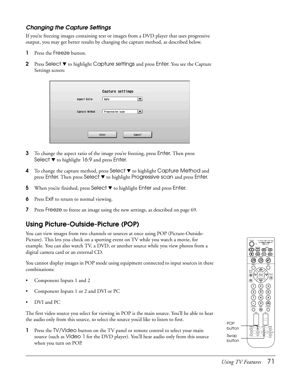 Changing the capture settings, Using picture-outside-picture (pop), Using tv features | Epson LS47P2 User Manual | Page 71 / 136