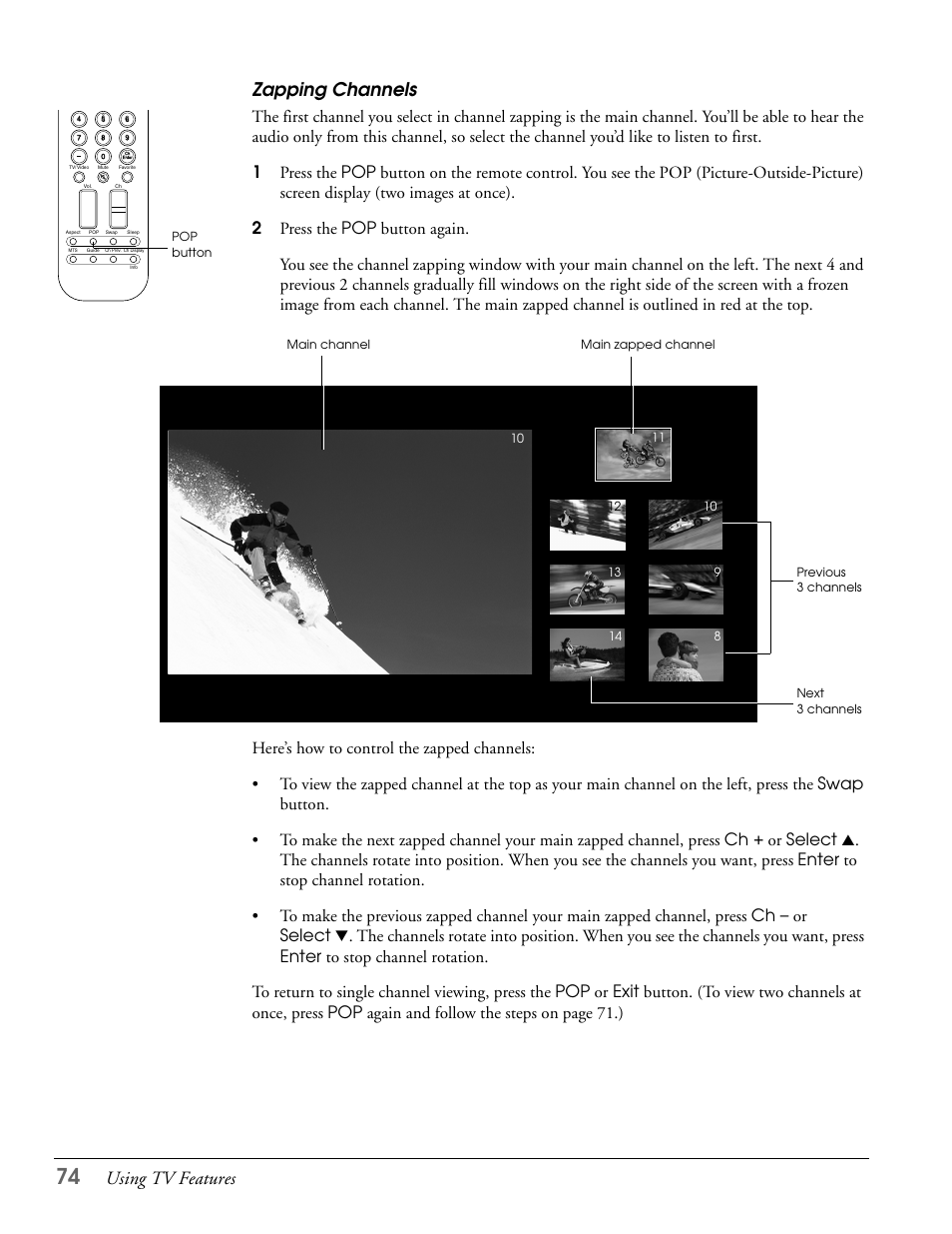 Zapping channels, Using tv features zapping channels | Epson LS47P2 User Manual | Page 74 / 136