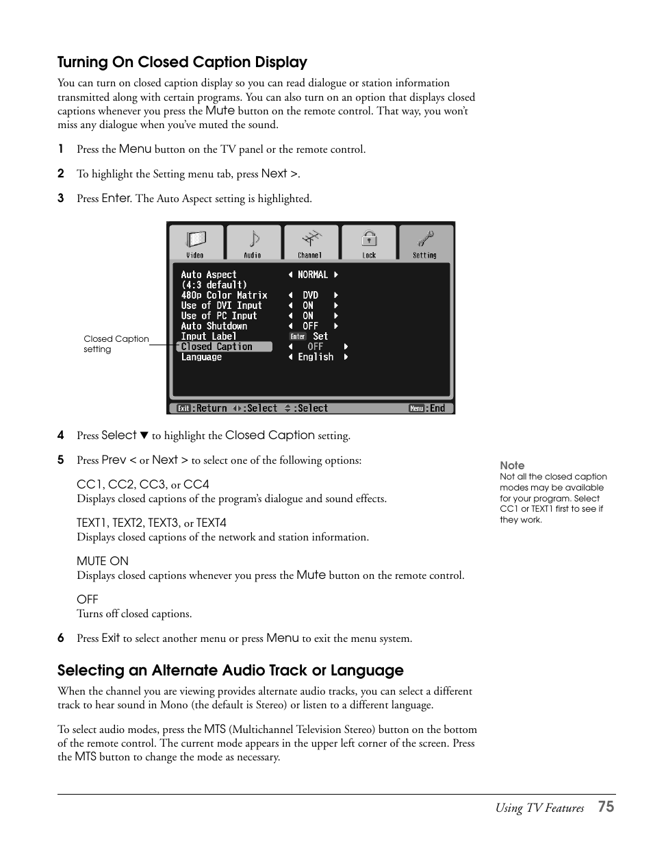 Turning on closed caption display, Selecting an alternate audio track or language, 75 turning on closed caption display | Epson LS47P2 User Manual | Page 75 / 136