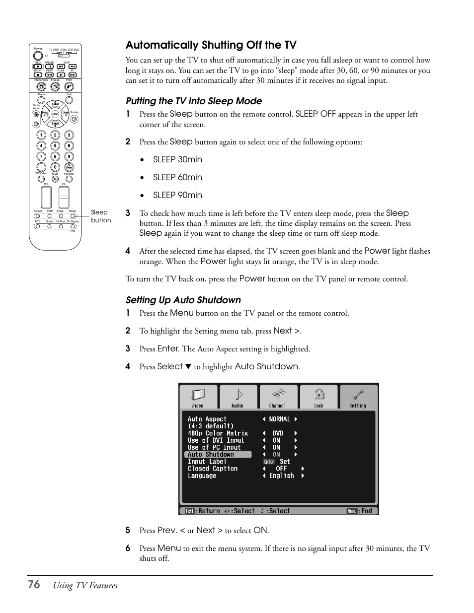 Automatically shutting off the tv, Putting the tv into sleep mode, Setting up auto shutdown | Using tv features | Epson LS47P2 User Manual | Page 76 / 136