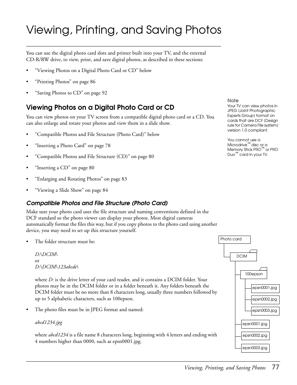 Viewing, printing, and saving photos, Viewing photos on a digital photo card or cd, Compatible photos and file structure (photo card) | Epson LS47P2 User Manual | Page 77 / 136