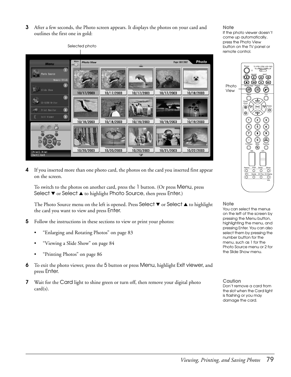 Viewing, printing, and saving photos, Caution | Epson LS47P2 User Manual | Page 79 / 136