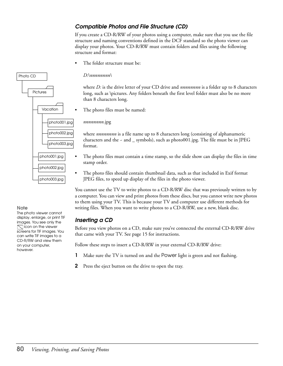 Compatible photos and file structure (cd), Inserting a cd | Epson LS47P2 User Manual | Page 80 / 136