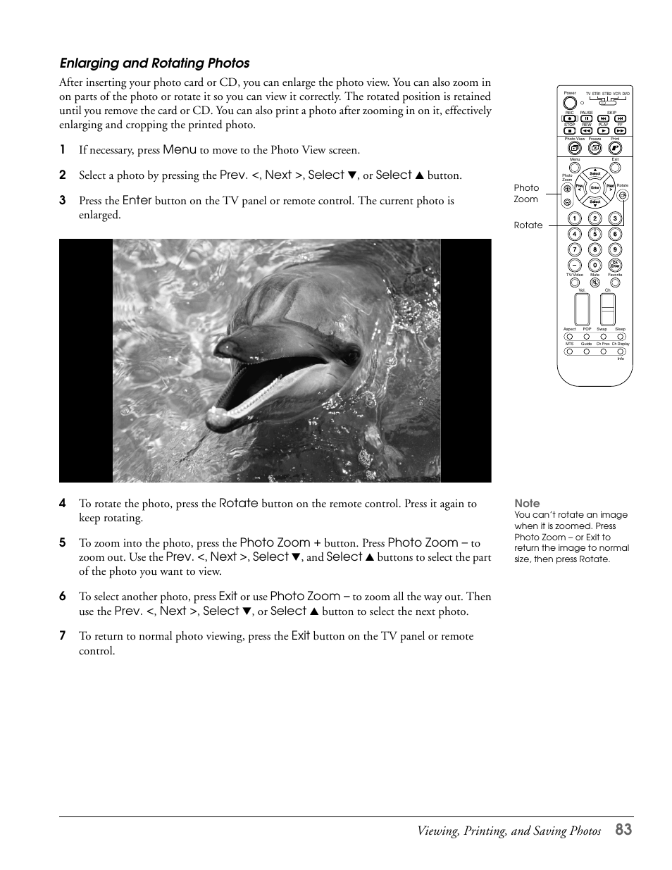 Enlarging and rotating photos, Viewing, printing, and saving photos | Epson LS47P2 User Manual | Page 83 / 136