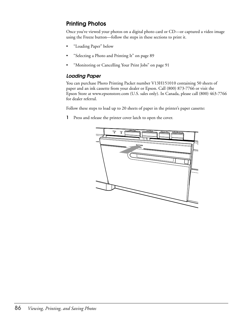 Printing photos, Loading paper | Epson LS47P2 User Manual | Page 86 / 136