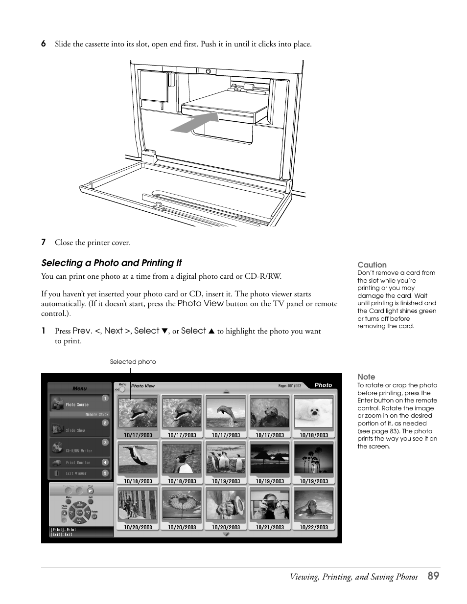 Selecting a photo and printing it | Epson LS47P2 User Manual | Page 89 / 136