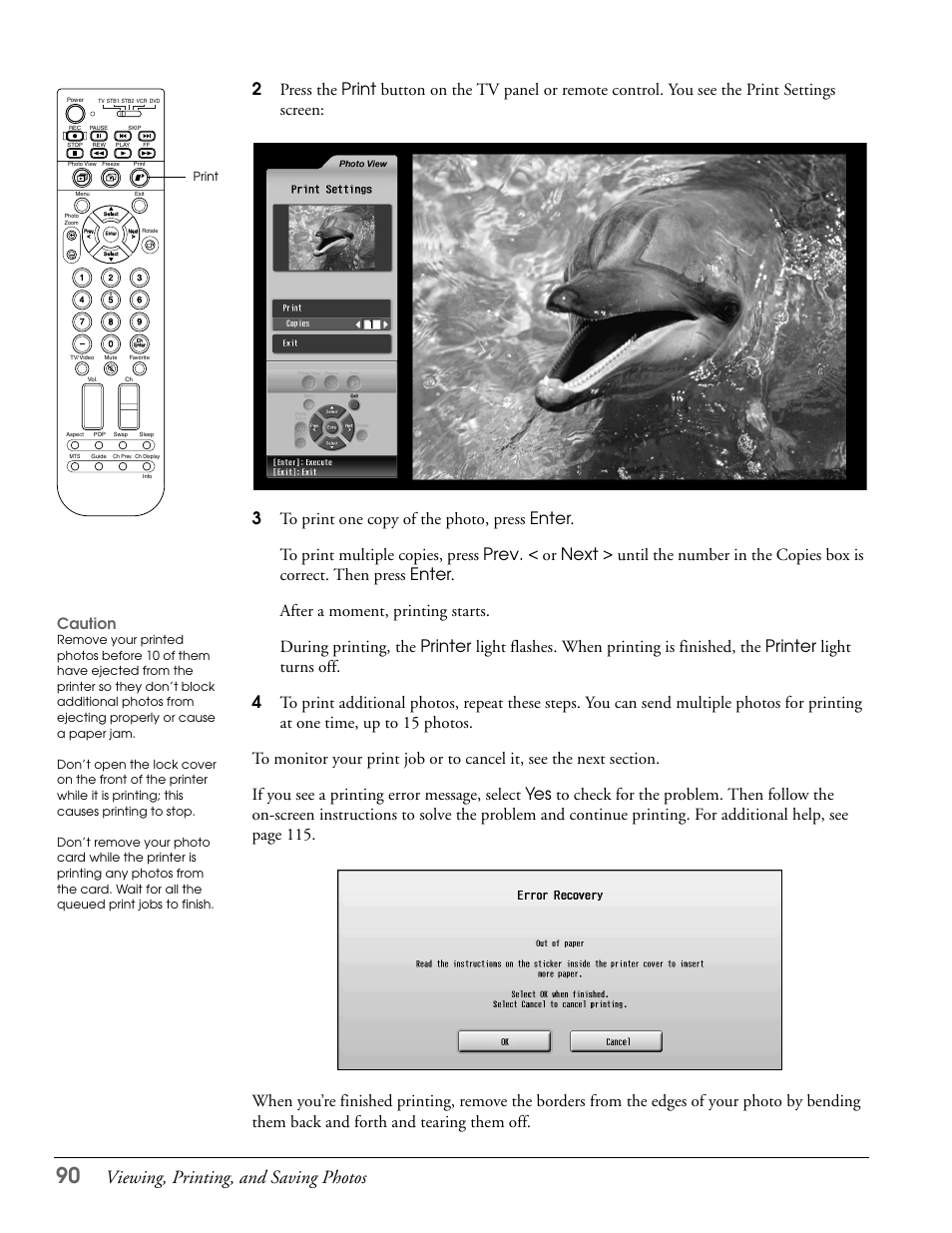 Viewing, printing, and saving photos, Caution | Epson LS47P2 User Manual | Page 90 / 136