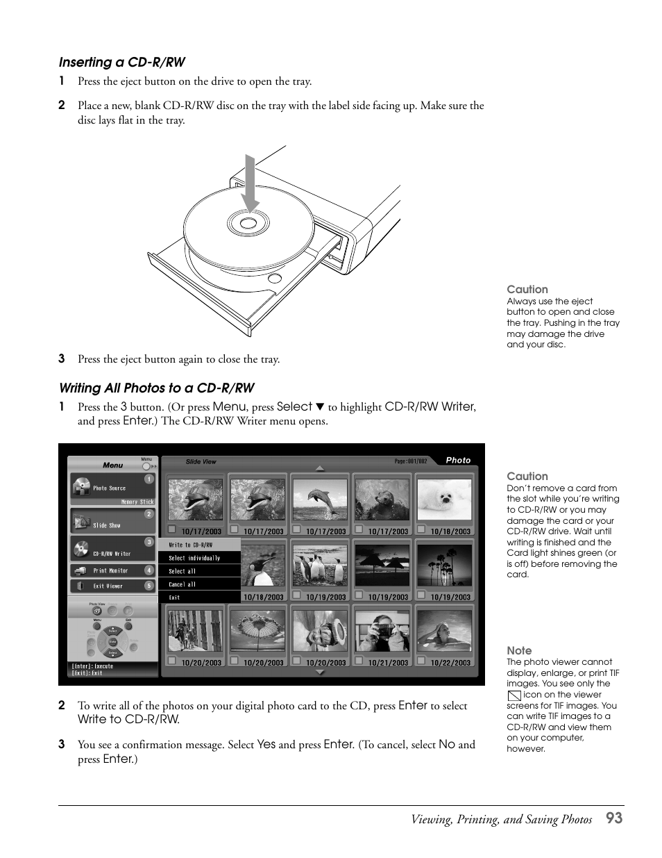 Inserting a cd-r/rw, Writing all photos to a cd-r/rw | Epson LS47P2 User Manual | Page 93 / 136