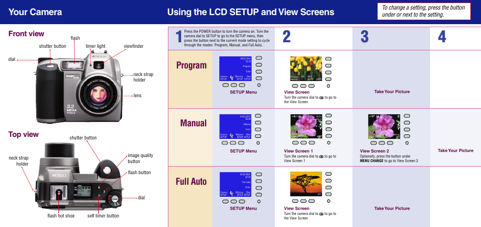 Camera diagram, Front view, Top view | Program full auto | Epson PhotoPC 3100Z User Manual | Page 29 / 31