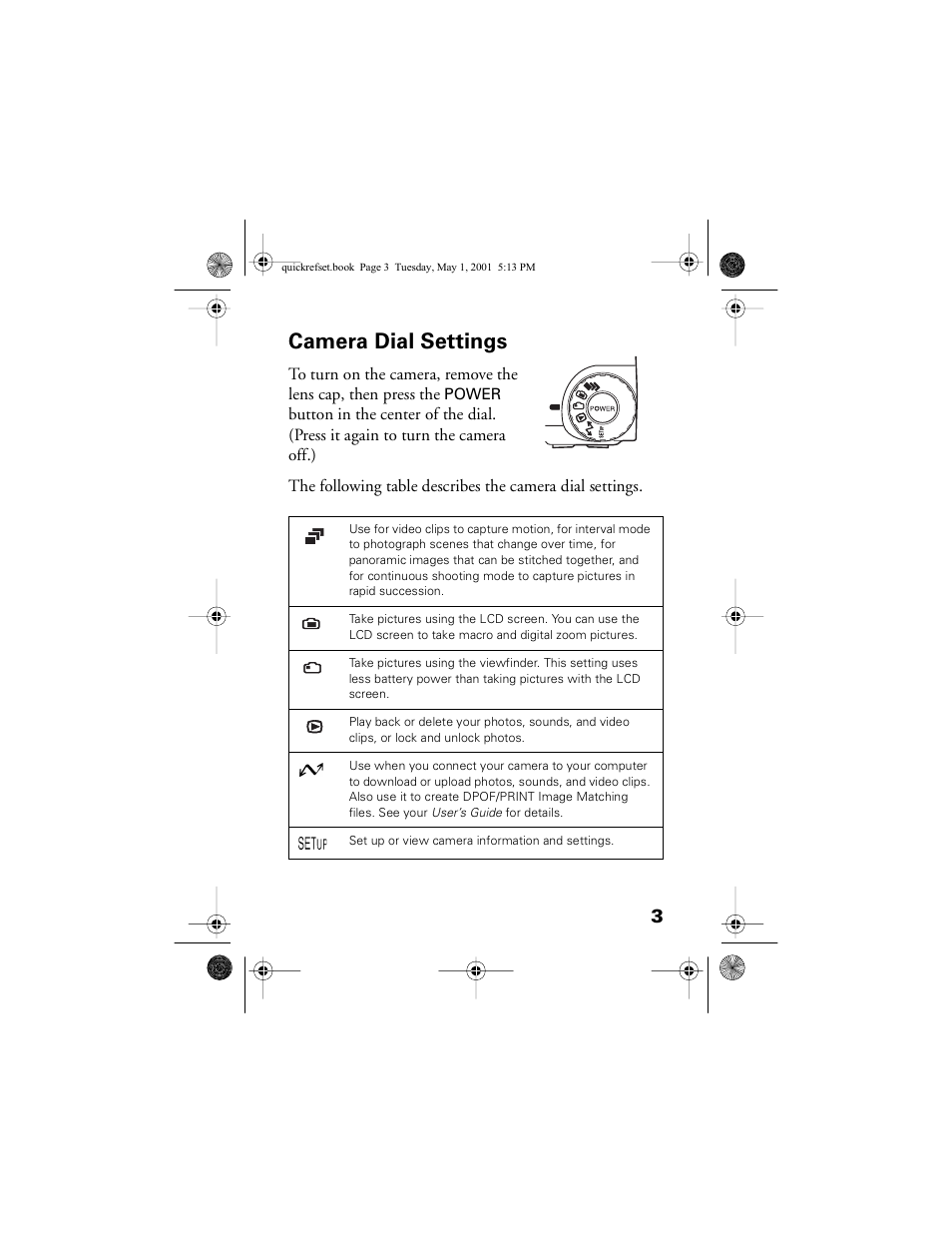 Camera dial settings | Epson PhotoPC 3100Z User Manual | Page 7 / 31