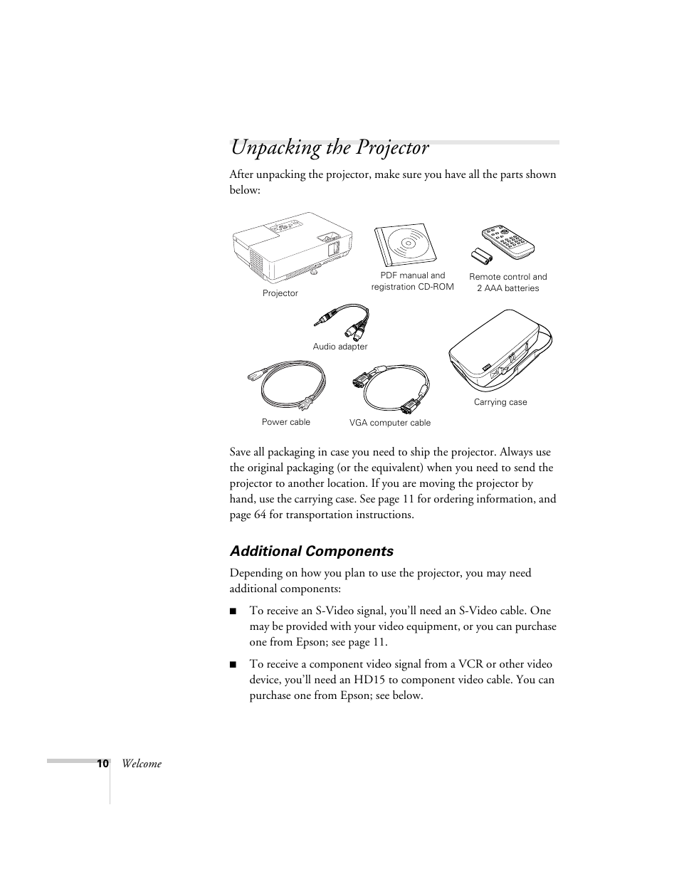 Unpacking the projector, Additional components | Epson PowerLite 1700c/1710c User Manual | Page 10 / 100