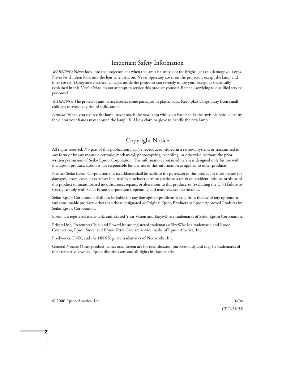 Important safety information, Copyright notice | Epson PowerLite 1700c/1710c User Manual | Page 2 / 100