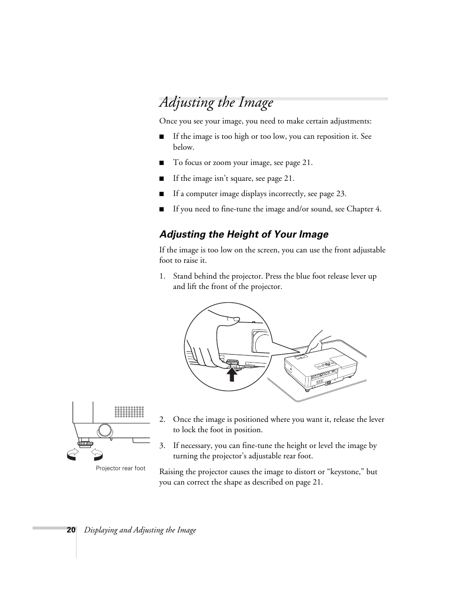 Adjusting the image, Adjusting the height of your image | Epson PowerLite 1700c/1710c User Manual | Page 20 / 100