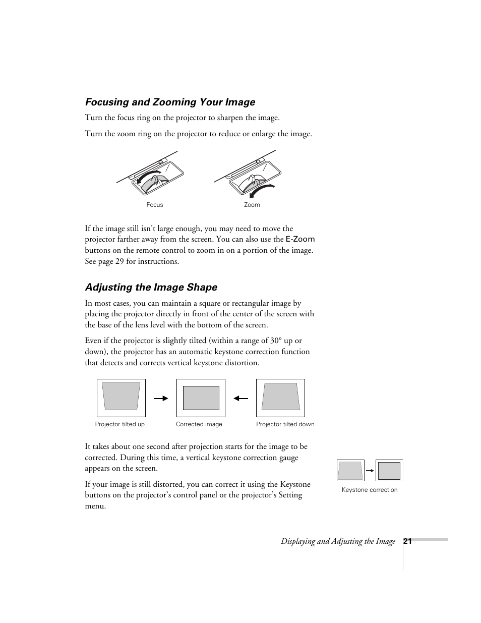 Focusing and zooming your image, Adjusting the image shape | Epson PowerLite 1700c/1710c User Manual | Page 21 / 100