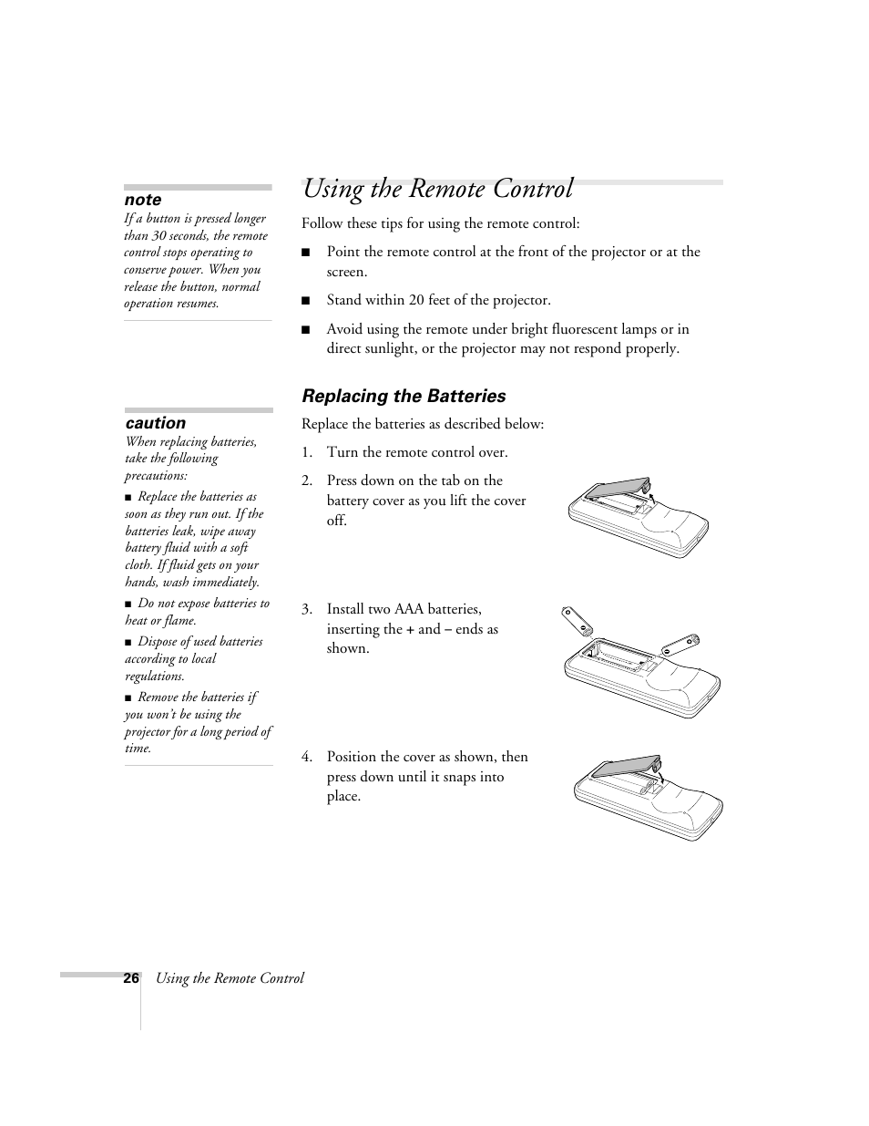 Using the remote control, Replacing the batteries | Epson PowerLite 1700c/1710c User Manual | Page 26 / 100