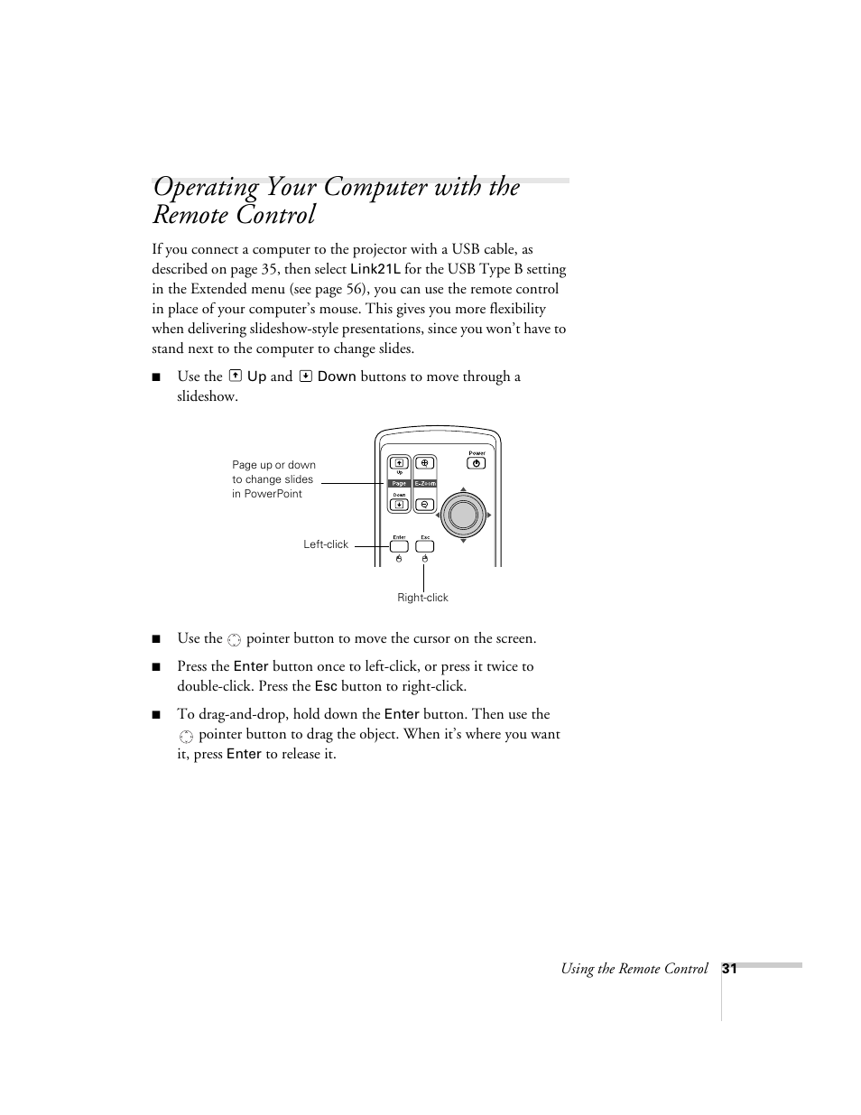 Operating your computer with the remote control | Epson PowerLite 1700c/1710c User Manual | Page 31 / 100