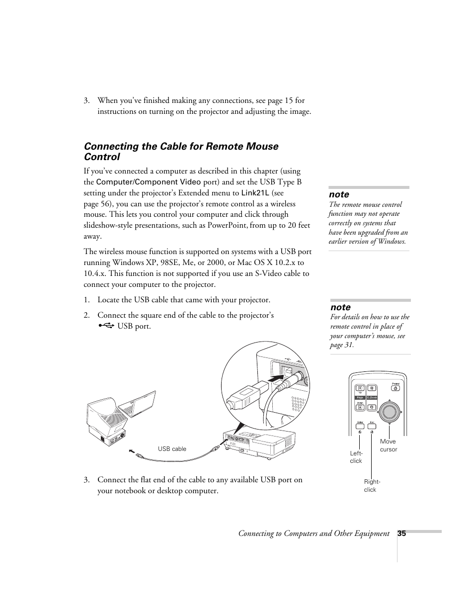Connecting the cable for remote mouse control | Epson PowerLite 1700c/1710c User Manual | Page 35 / 100