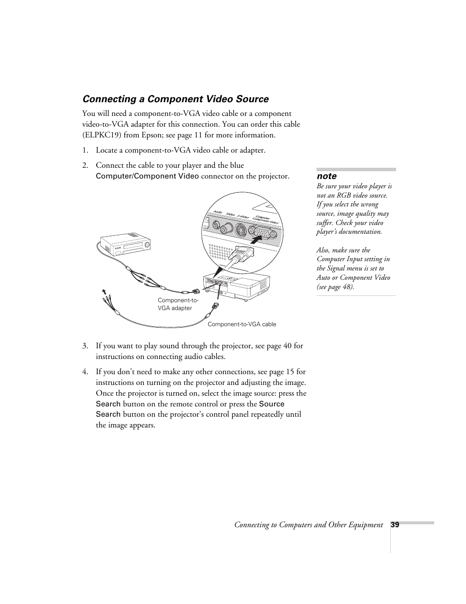 Connecting a component video source | Epson PowerLite 1700c/1710c User Manual | Page 39 / 100