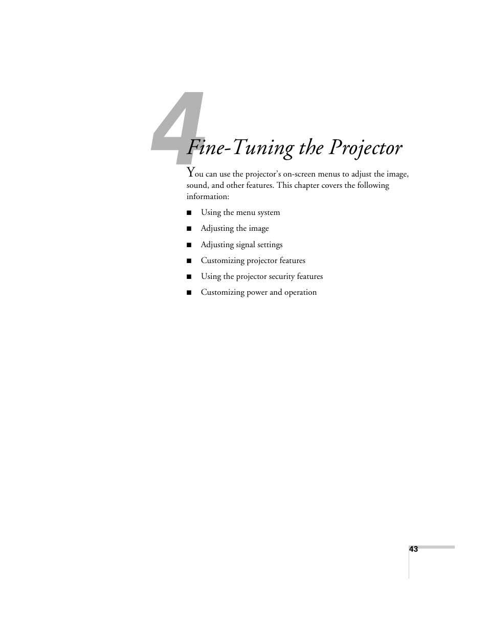 Fine-tuning the projector | Epson PowerLite 1700c/1710c User Manual | Page 43 / 100