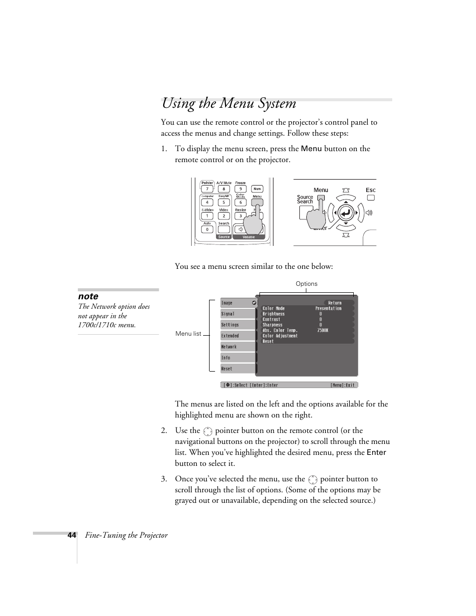Using the menu system | Epson PowerLite 1700c/1710c User Manual | Page 44 / 100