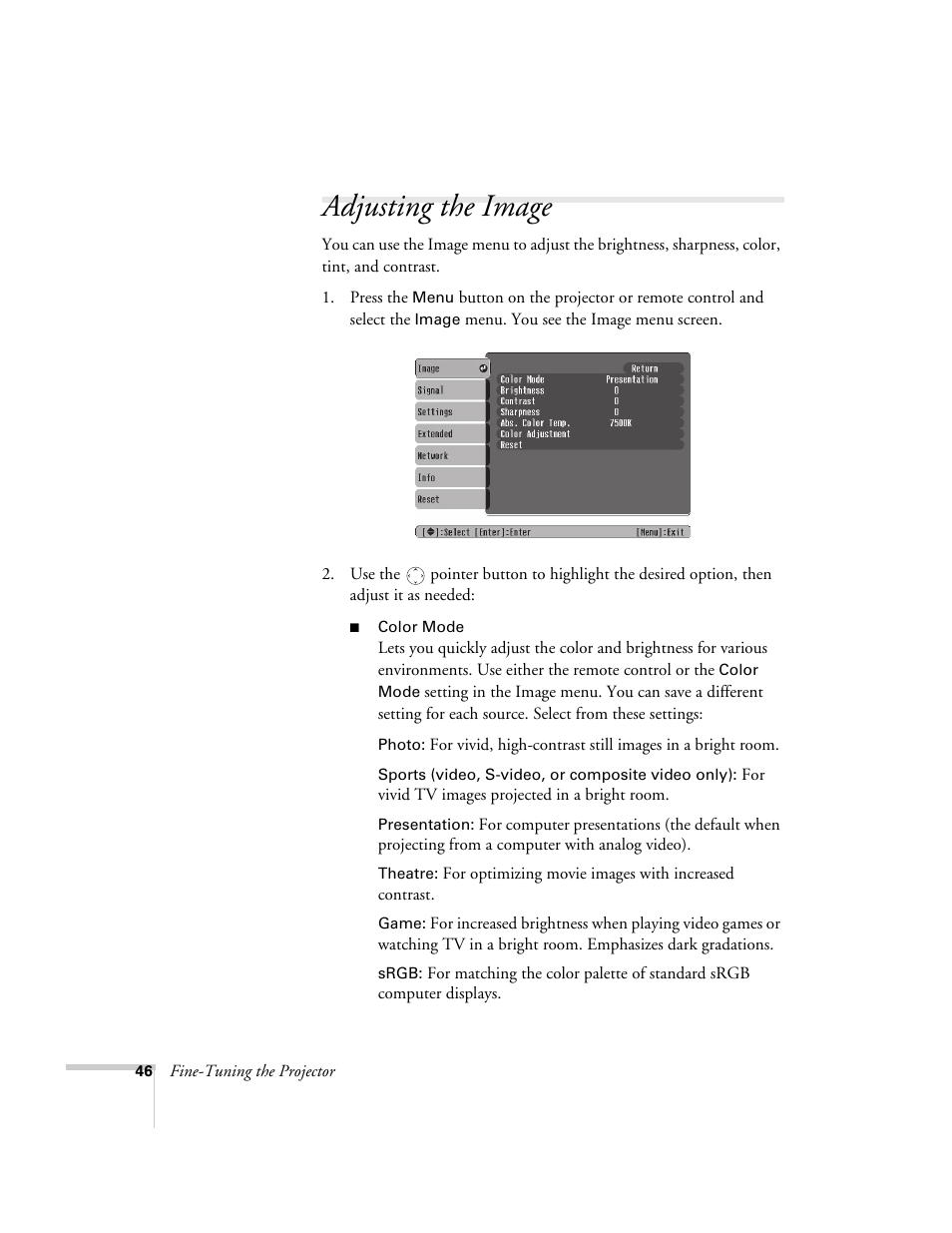 Adjusting the image | Epson PowerLite 1700c/1710c User Manual | Page 46 / 100