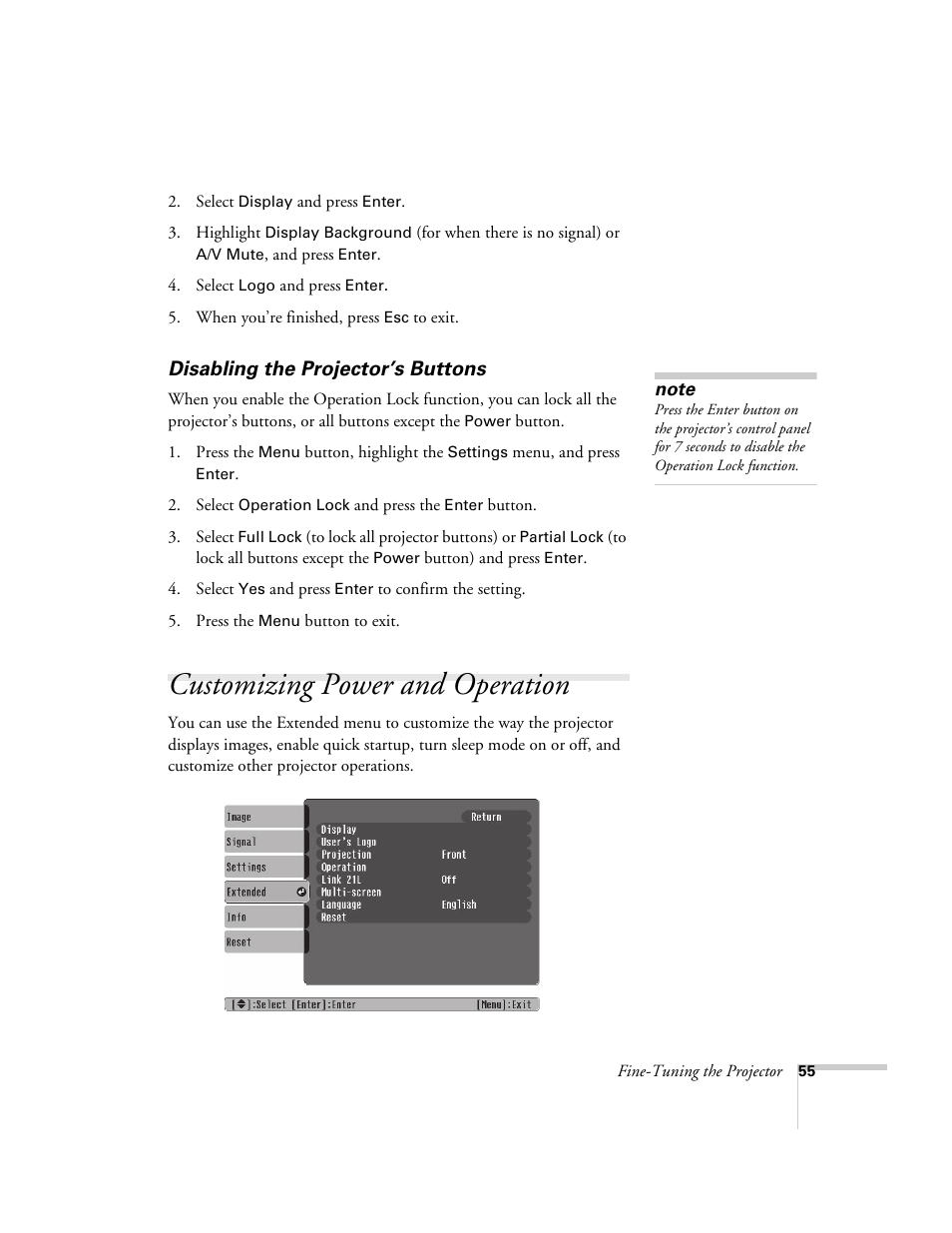 Disabling the projector’s buttons, Customizing power and operation | Epson PowerLite 1700c/1710c User Manual | Page 55 / 100