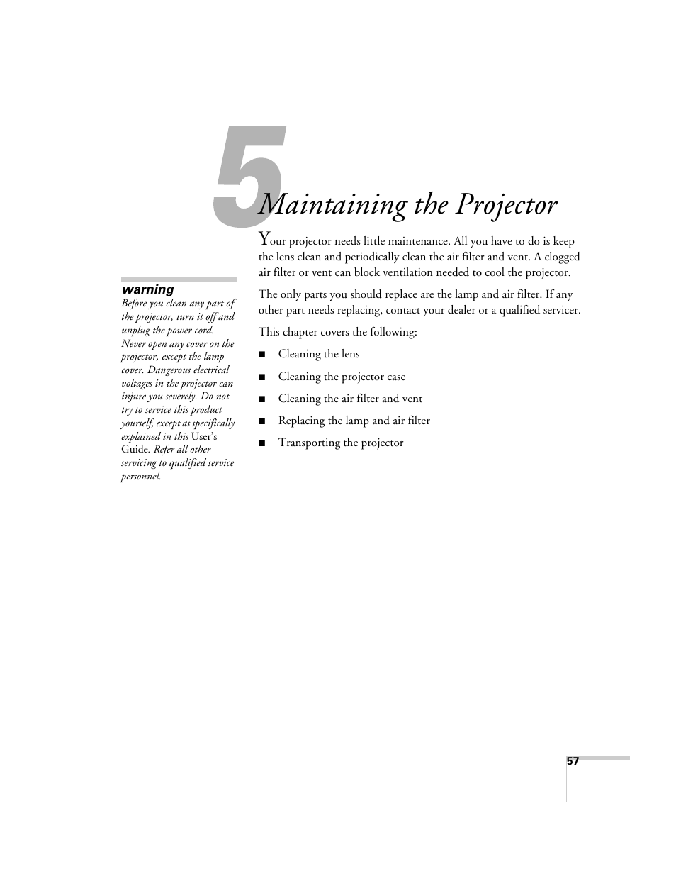 Maintaining the projector | Epson PowerLite 1700c/1710c User Manual | Page 57 / 100