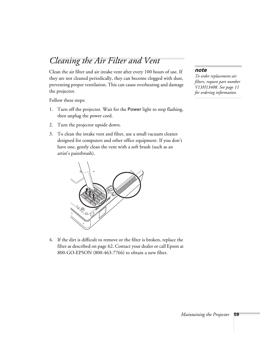 Cleaning the air filter and vent | Epson PowerLite 1700c/1710c User Manual | Page 59 / 100