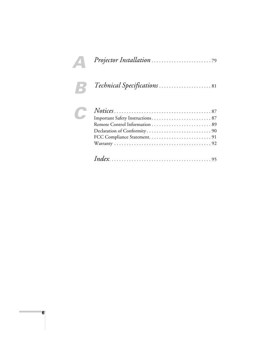 Epson PowerLite 1700c/1710c User Manual | Page 6 / 100